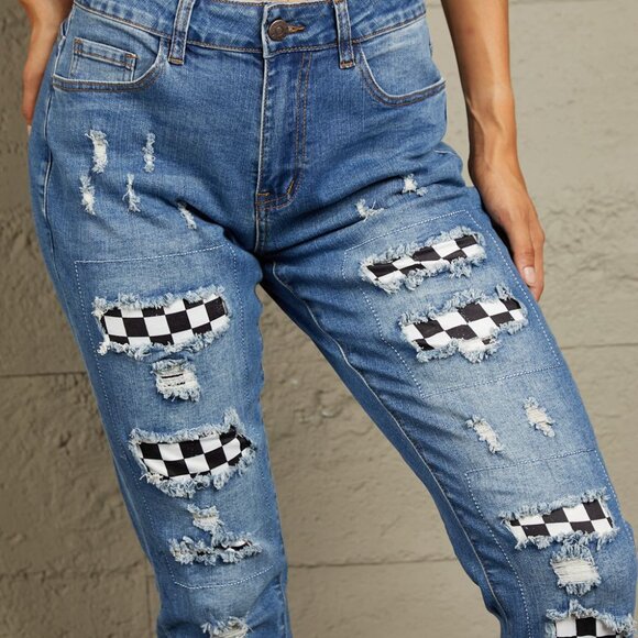Baeful Checkered Patchwork Mid Waist Distressed Jeans - Picture 11 of 11